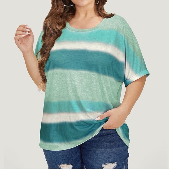 BloomChic Tops - BloomChic Teal and White Striped Short Sleeve Top Plus Size 2X